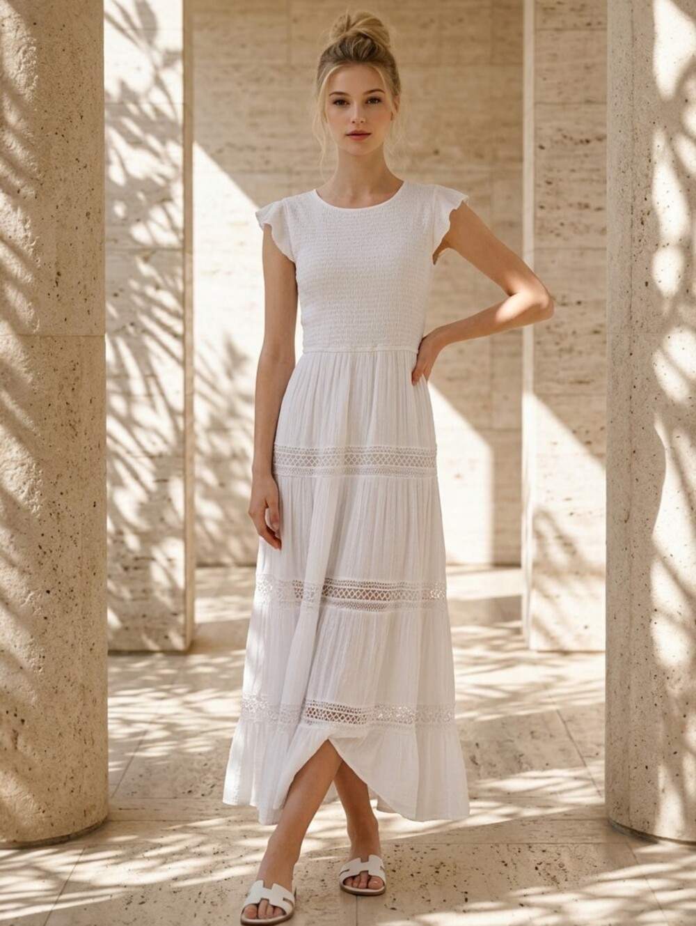 Moon Orchid Women's White Tiered Gauze Boho Maxi Dress Smocked Flowy Lined sz M